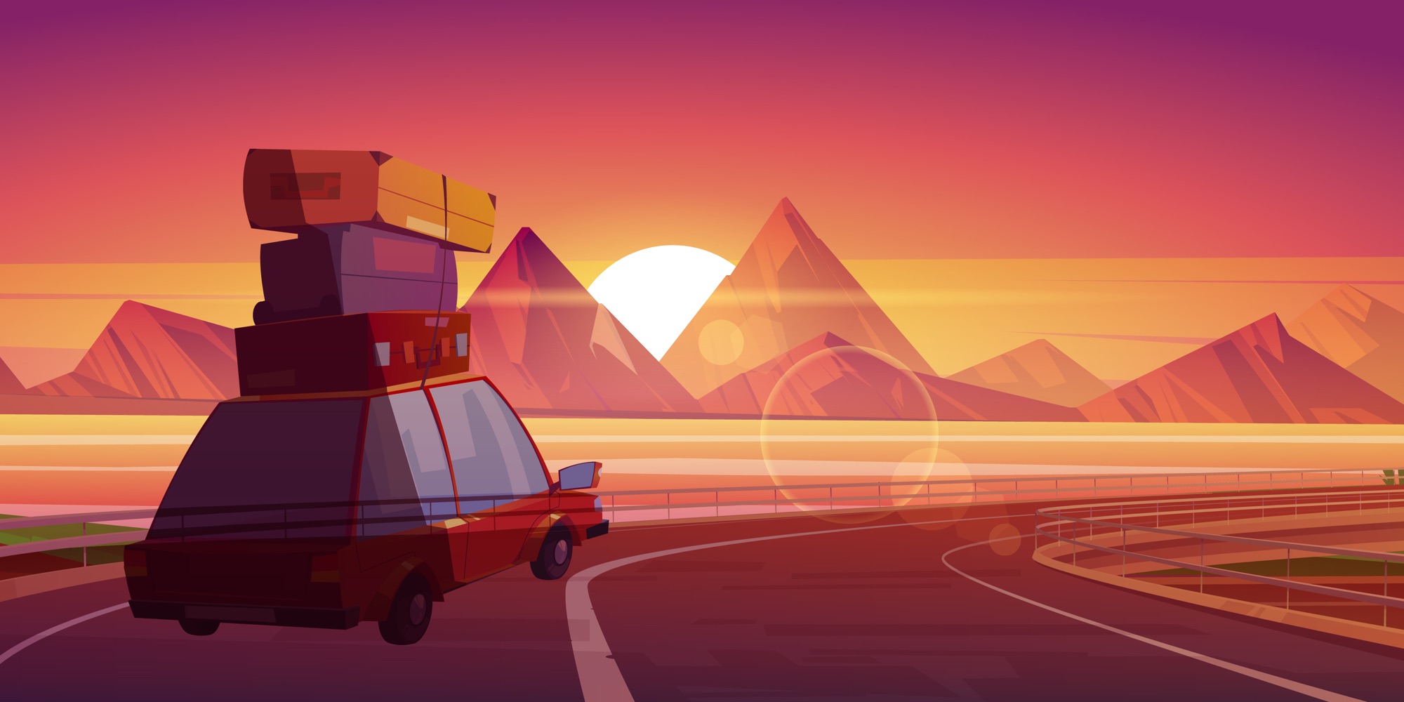 An illustrated car follows a winding road toward sunset across a mountain and water landscape.